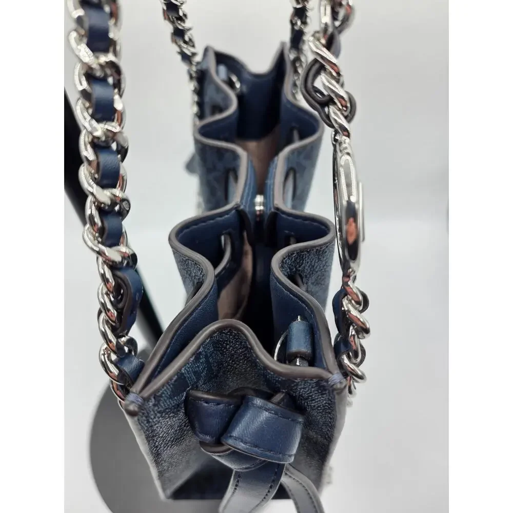 Michael Kors Mini Mina Signature Navy Convertible Chain Satchel Crossbody